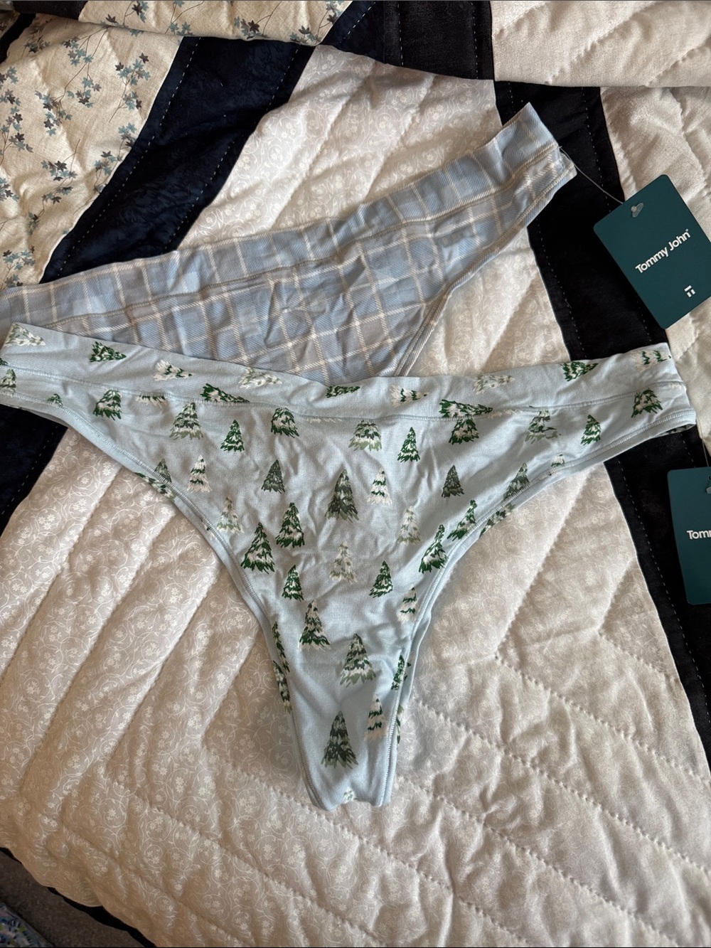 Tommy John Light Blue Tree-Print and Plaid Thong Duo
